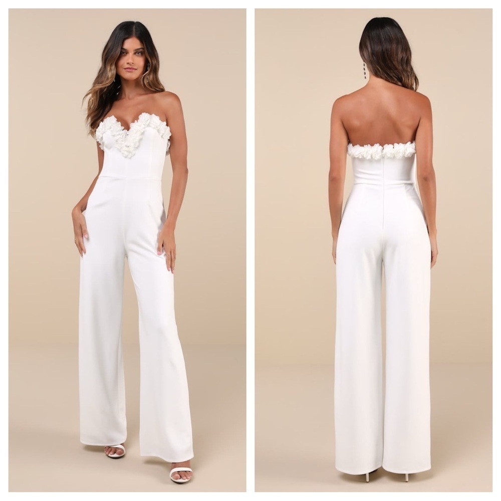 Lulus Rare Allure White 3D Floral Applique Strapless Wide-Leg Jumpsuit